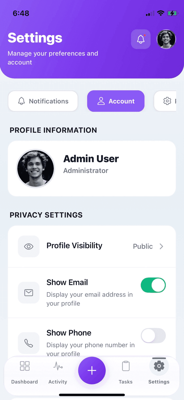 Task MD — Profile & settings